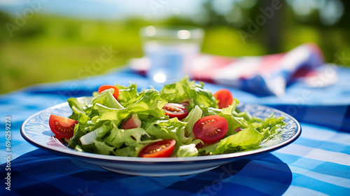 Fresh salad plate on blue picnic table. Generative AI