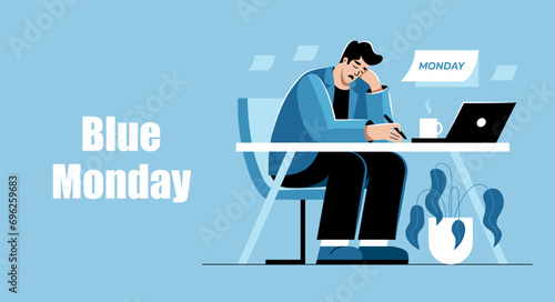 A sad, upset man is sitting at his desk in the office. Blue Monday. Cartoon, flat, vector illustration