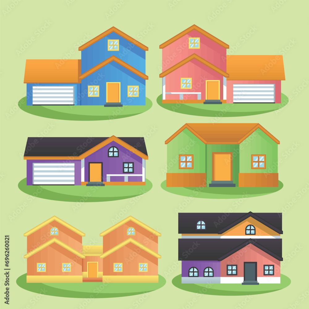 Simple Cute Colorful Suburban American House Vector Set