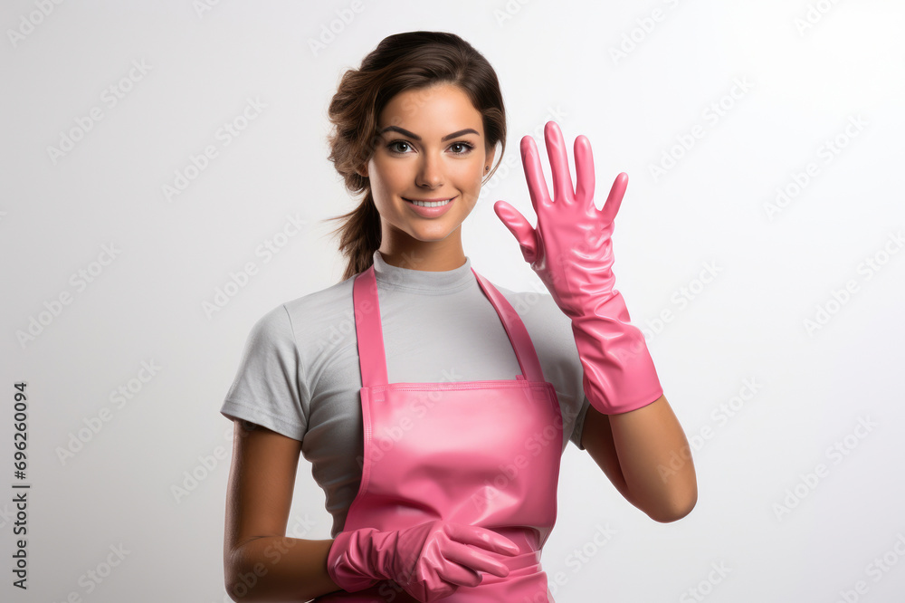 Confident woman in pink cleaning apron and gloves, ready for household tasks, radiating positivity and enthusiasm. Perfect representation of modern homemaking and cleanliness. Confident woman in pink cleaning apron and gloves, ready for household tasks, radiating positivity and enthusiasm. Perfect representation of modern homemaking and cleanliness.