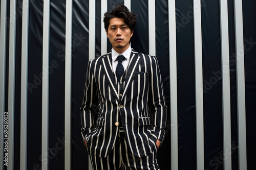 Confident man in black and white striped suit stands assertively against matching vertical striped backdrop, showcasing modern fashion. photo