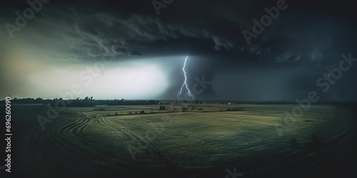 Black tornado funnel and lightning over field during thunderstorm, generative ai