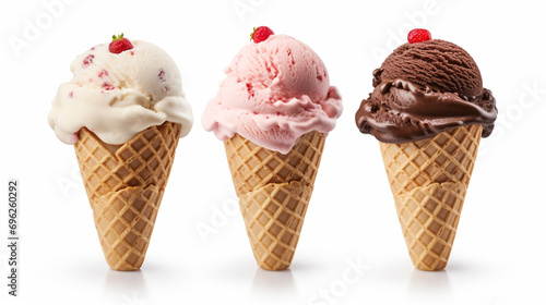 Ice cream scoops in cones with chocolate, vanilla and strawberry on white background. Generative AI