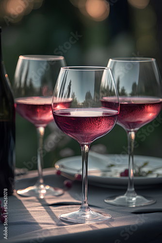 Glasses of red wine served outdoors on the table on blurred natural background.