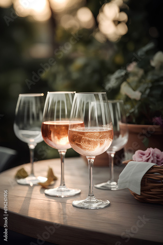 Glasses of white wine on the table outdoors served for banquet on blurred natural background
