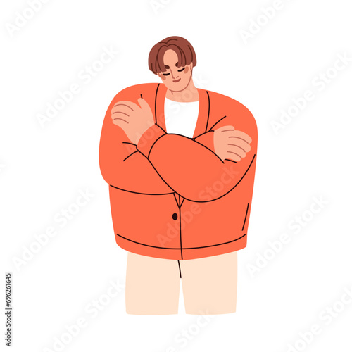 Happy person hugging, embracing self. Cuddling own body with hands. Love, acc...