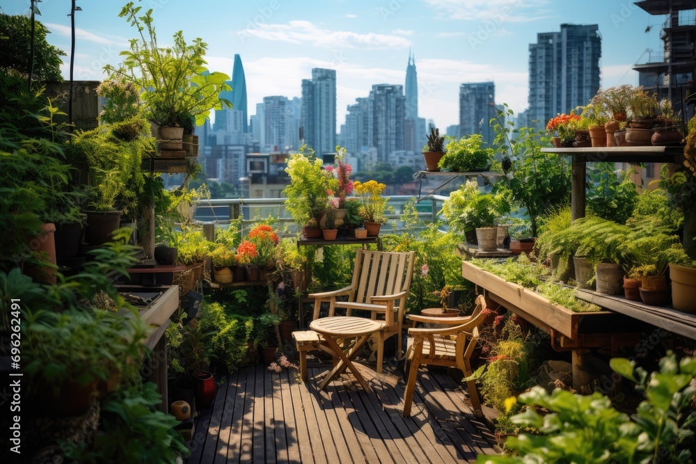 Fototapeta premium Outdoor terrace with view of skyscrapers and buildings, A beautiful rooftop garden in the city adorned with lush green plants, AI Generated