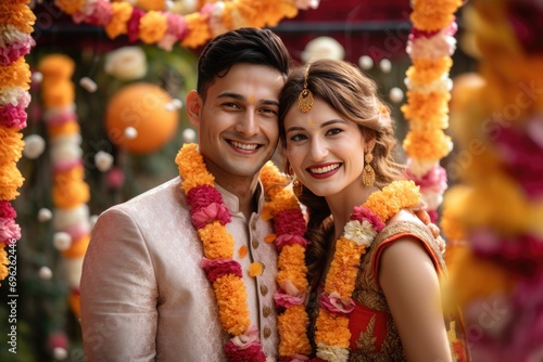 A happy couple wearing traditional Indian clothing, potentially a newlywed couple, pose for pictures. A fictional character created by Generated AI. 