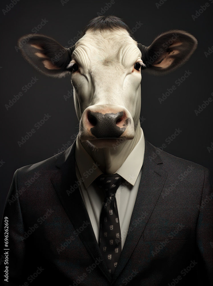 Elegant cow with tie in a professional suit.