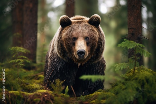 Brown bear in the summer forest. Scientific name: Ursus arctos. Natural habitat, A brown bear in the forest, depicted in a close-up view of a wild animal, AI Generated