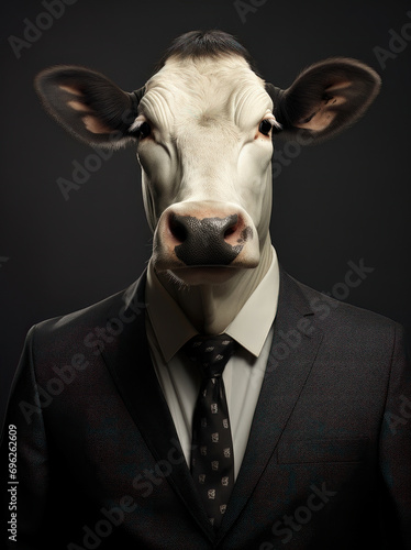 Elegant cow with tie in a professional suit.