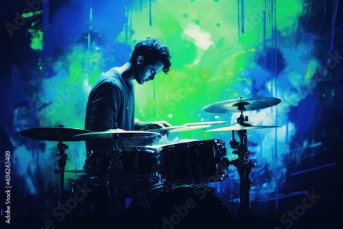 A Musician Playing Drums in a Colorful Light Show A fictional character created by Generated AI. 