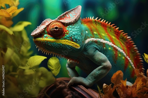 Colorful chameleon in a terrarium. Animal theme  A close-up view captures a colorful chameleon on green leaves  showcasing wildlife animals  AI Generated