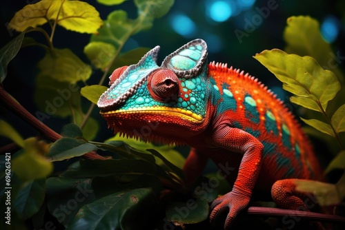 Colorful chameleon in the jungle. Chamaeleo calyptratus, A close-up view captures a colorful chameleon on green leaves, showcasing wildlife animals, AI Generated