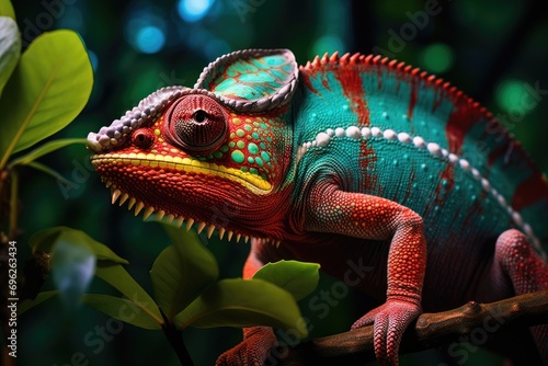 Colorful chameleon on the branch in the forest at night, A close-up view captures a colorful chameleon on green leaves, showcasing wildlife animals, AI Generated