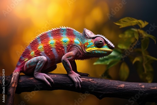 Colorful chameleon sitting on a branch in the forest, A colorful chameleon perched on a branch against a blurred nature background, AI Generated photo