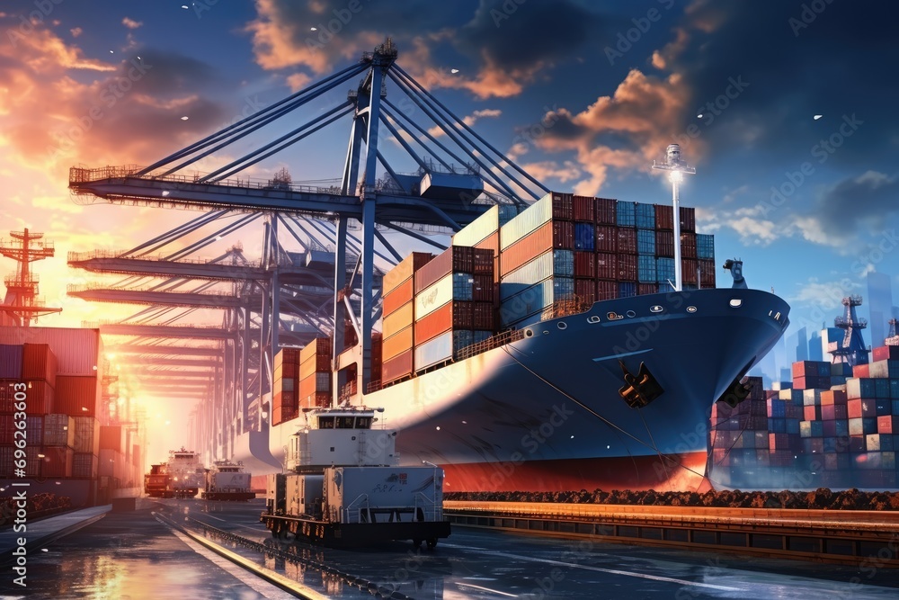 Fototapeta premium Container Cargo freight ship with working crane bridge at sunset for Logistic Import Export background, A container cargo freight ship with a working crane bridge forms an import, AI Generated