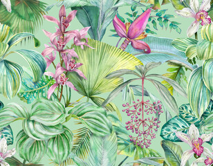 Papier peint photo Jungle Orchidées feuilles tropicales aquarelle fond blanc  © Арина Трапезникова