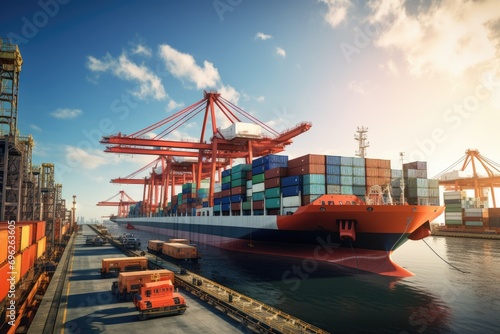Container Cargo freight ship with working crane bridge in shipyard for Logistic Import Export background, A container cargo freight ship with a working crane bridge forms an import, AI Generated
