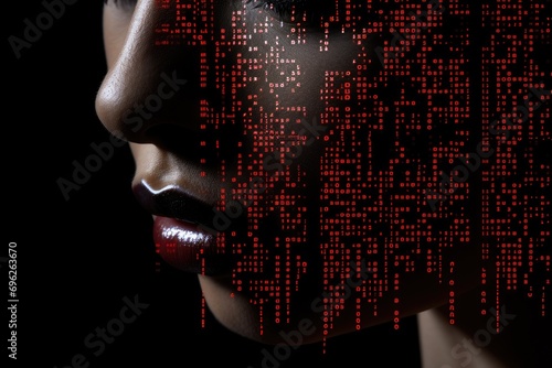 A cropped view of a woman with a closed mouth is set against a black background with binary code, --ar 3:2 --v 5.2 Job ID: 81a6d211-e65c-46c9-b90a-4c1650bd1103