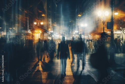 Silhouettes of people walking on the street at night in Prague  A crowd of people walks in the city at night  creating a blurred background  AI Generated
