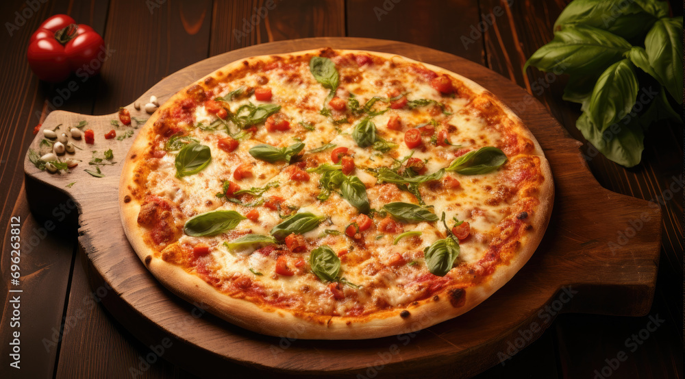 Tasty sliced Italian Pepperoni Pizza with Mozzarella cheese, salami, Tomatoes, pepper, Spices and Fresh Basil, on a brown wooden table background. Italian cuisine. Top view.
