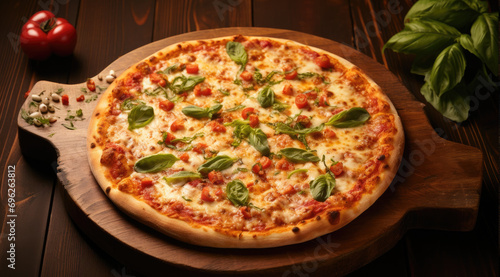 Tasty sliced Italian Pepperoni Pizza with Mozzarella cheese, salami, Tomatoes, pepper, Spices and Fresh Basil, on a brown wooden table background. Italian cuisine. Top view.