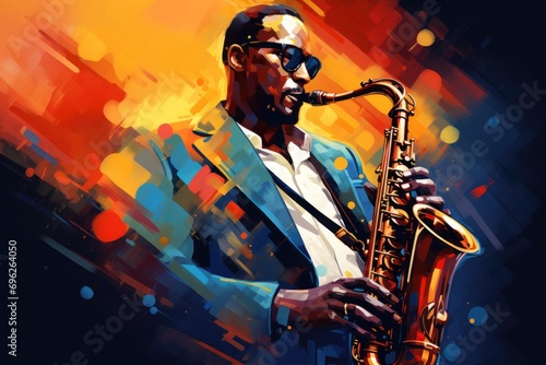 The Art of Saxophone - A painting of a man playing a saxophone A fictional character created by Generated AI. 