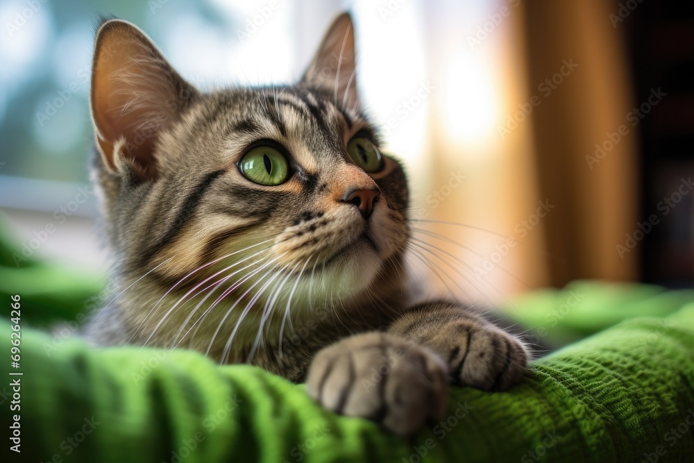 Cute tabby cat lying on a green blanket in a room, A cute cat with green eyes lying on a bed and gazing upward, AI Generated