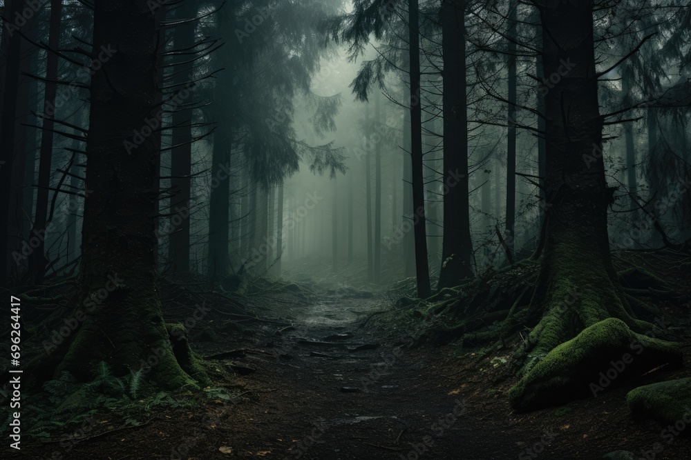 A dark forest with numerous trees covered in fog, --ar 3:2 --v 5.2 Job ID: 379b4f16-23ef-4dcb-8320-93191ba9d6f1