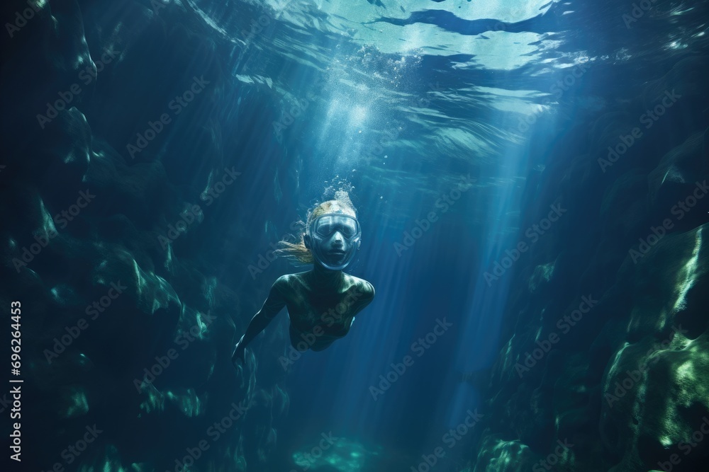 Underwater shot of a woman swimming underwater with mask and snorkel, A female apnea athlete swims in the crystal sea wearing a bikini, AI Generated Underwater shot of a woman swimming underwater with mask and snorkel, A female apnea athlete swims in the crystal sea wearing a bikini, AI Generated