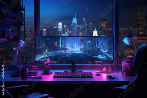Computer screen with night view of New York city. 3D rendering, A cyberpunk gamer workspace with a computer and a mouse is presented in 3D rendering, AI Generated