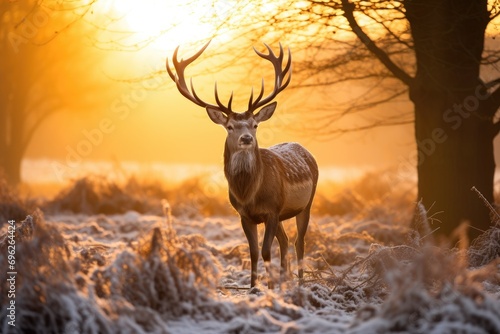 Fallow deer in the winter forest at sunrise. Fallow deer Cervus elaphus, A Fallow deer stag during rutting season at sunrise in winter, AI Generated