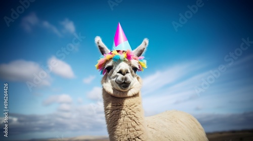 a cute fluffy lama or alpaca wearing a colorful vibrant birthday cone hat photographed outside with blue sky in the background. Post card photo image photo