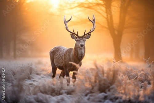 Beautiful red deer stag in winter forest at sunrise. Wildlife scene from nature  A Fallow deer stag during rutting season at sunrise in winter  AI Generated
