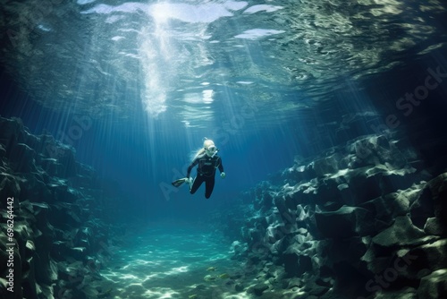 Young woman scuba diver glides over coral reef with fish, A female apnea athlete swims in the crystal sea wearing a bikini, AI Generated © Iftikhar alam