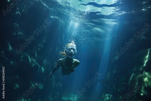 Underwater shot of a woman swimming underwater with mask and snorkel, A female apnea athlete swims in the crystal sea wearing a bikini, AI Generated