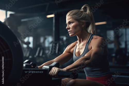Attractive young woman working out in a gym. Fitness, bodybuilding, healthy lifestyle concept, A female exercising with rowing machines, top section cropped, side view, faces, AI Generated
