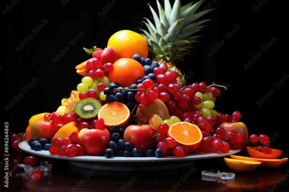 Fruits on plate, fruits decoration ready to eat, Fresh Fruit Variety on Tray Healthy Eating Diet Food Ai generated