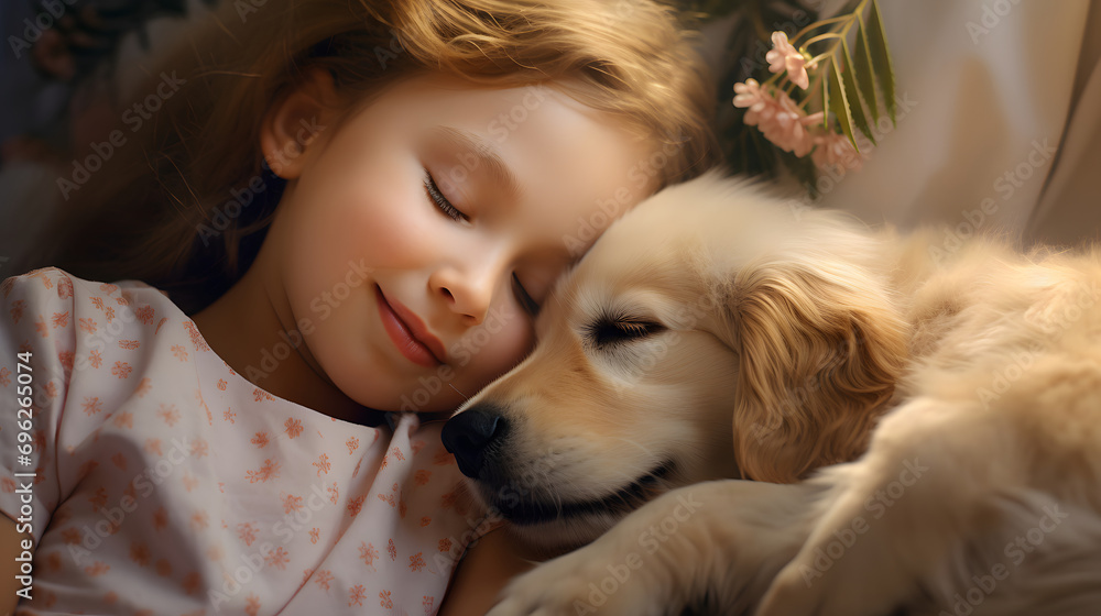 The girl is resting with her dog. Golden retriever with its owner.