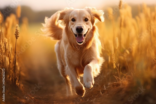 Golden Retriever running in wheat field. Golden Retriever is running in the field, A Golden Retriever dog runs energetically in a field with a blurred background, AI Generated