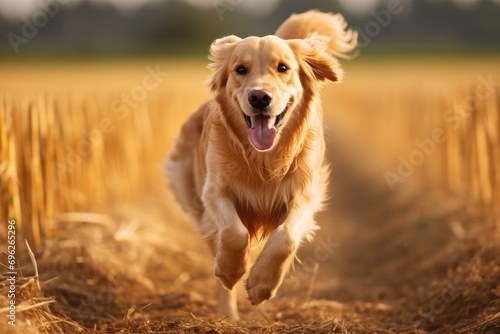Golden Retriever running in the field at sunset, close up, A Golden Retriever dog runs energetically in a field with a blurred background, AI Generated