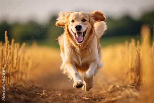 Golden Retriever running in the wheat field on a sunny day, A Golden Retriever dog runs energetically in a field with a blurred background, AI Generated