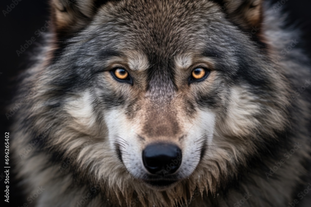 Close-up portrait of a wolf in the forest. Animal portrait, A Grey Wolf captured in a close-up portrait, staring intensely, AI Generated