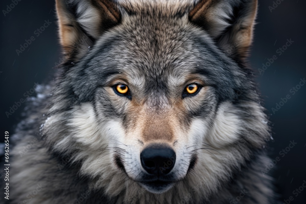 Portrait of a wolf on a black background, close-up, A Grey Wolf captured in a close-up portrait, staring intensely, AI Generated