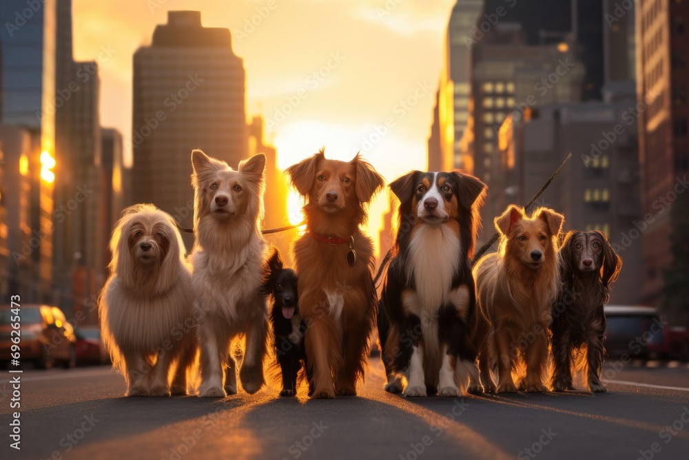 A group of Australian Shepherd dogs walking in the city at sunset, A group of dogs enjoys a sunset stroll in the city, featuring dachshunds and a spaniel, AI Generated - obrazy, fototapety, plakaty 