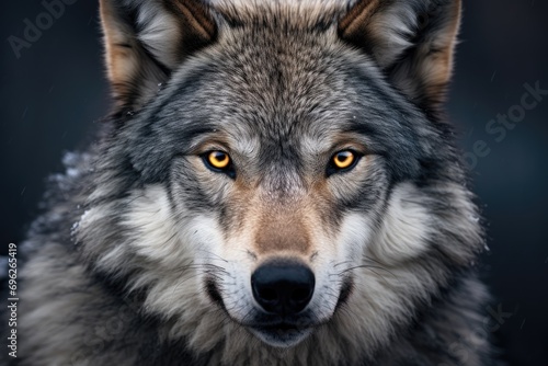 Portrait of a wolf on a black background  close-up  A Grey Wolf captured in a close-up portrait  staring intensely  AI Generated