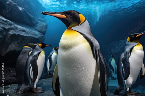 King penguin in the deep blue water. 3d rendering  A group of king penguins captivates observers in the zoo  showcasing a wildlife scene from nature  AI Generated