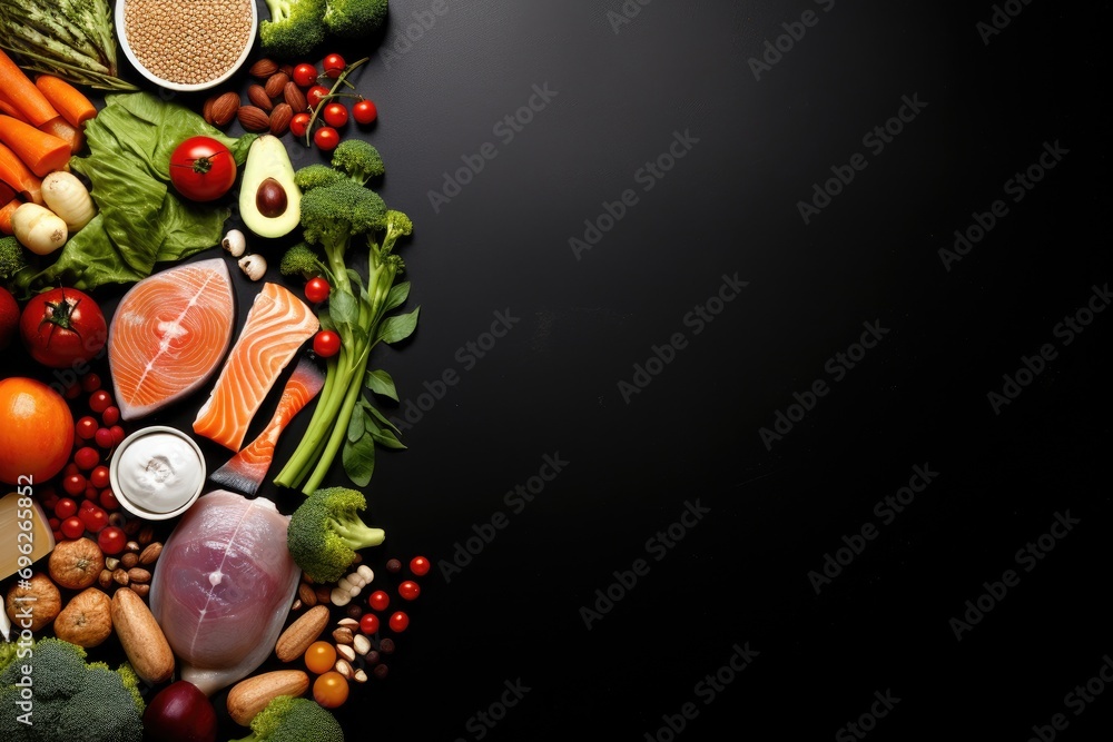 Healthy food background. Variety of fresh organic vegetables and meat on black background, A healthy food clean eating selection, including fish, fruits, vegetables, cereals, AI Generated