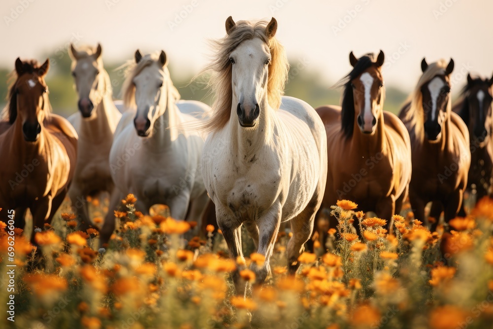 Herd of horses in a field of flowers on a sunny day, A herd of horses standing on a floral meadow, AI Generated